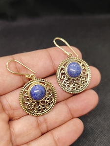 Natural <b>Lapis</b> <b>Lazuli</b> Bohemian Round Earrings Handmade gold Plated Brass Blue Gemstone Dangle Earrings High Quality Unique - Product Image 3