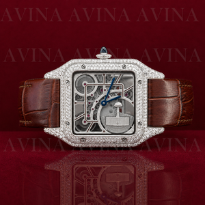 Reloj Automático de Lujo con Esqueleto para Hombre |   Reloj de Pulsera Mecánico de Cristal con Diamantes Cuadrados en Oro Rosa, Estilo Hip Hop |   Correa de Cuero Marrón - Product Image 6