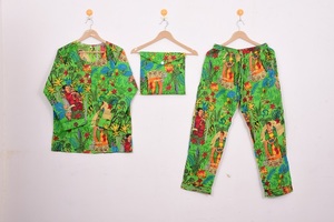 Conjunto de Pijama de Algodón Estampado a Mano para Mujer, Ropa de Dormir con Estampado Floral, Cuello Redondo, Conjunto de Tres Piezas - Product Image 1