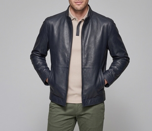Chaqueta de Cuero Genuino Azul Marino para Hombre, Cuello Alto con Cierre, Estilo Casual Elegante, Abrigo de Otoño - Product Image 1