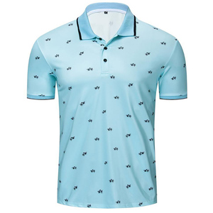 Men's Light <b>Blue</b> Short Sleeve <b>Polo</b> <b>Shirt</b> With Black Print Pattern Casual Breathable Knitted Fabric Regular Fit - Product Image 1
