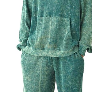 SAINT APPARELS Ensemble de survêtement décontracté pour homme, vert, vintage, délavé à l'acide, en coton gaufré respirant 100% coton, avec sweat à capuche et pantalon de survêtement tricoté uni - Product Image 2