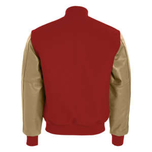 แจ็คเก็ตวาร์ซิตี้สีแดงและทองแบบยูนิเซ็กซ์ พร้อมลายปักการ์ตูนด้านหน้า แพทช์เชนิลล์สไตล์ไฮสตรีท  วัสดุหนังแท้ - Product Image 2