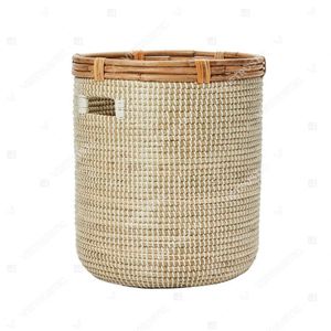 RATTAN-RIMMED COIL <b>Hamper</b> Storage Baskets Seagrass Basket Handles Cut-out Rattan On Top - Product Image 6