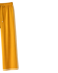 Pantalon de survêtement large jaune moutarde personnalisé pour femme avec bande latérale blanche, taille élastique et cordon de serrage, pantalon décontracté pour la détente, approvisionnement en gros OEM - Product Image 2