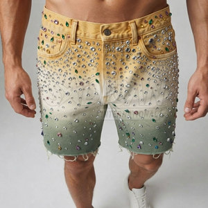 Shorts décontractés pour hommes, style streetwear moderne d'été, en toile 100% coton, épais, délavé soleil, orné de strass, tendance - Product Image 3