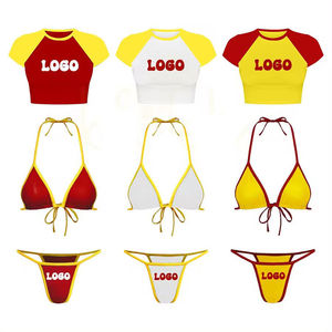 Conjunto de Bikini de Dos Piezas para Mujer, Color Sólido, Top Corto y Tanga, con Logotipo Estampado, Spandex Elástico, Poliéster, Ropa de Playa - Product Image 1
