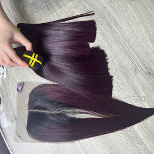 Precio de fábrica 100% Virgen cruda vietnamita Trama humana encaje peluca rizo birmano Color Borgoña Super doble extensiones de cabello dibujado - Product Image 1