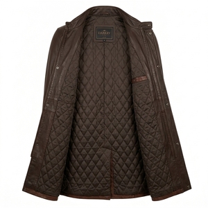 Abrigo Largo de Cuero Genuino Marrón Chocolate para Hombre, con Panel Inferior Personalizado en Tono Óxido, Cierre de Botones a Presión y Cuello Alto - Exportador - Product Image 5