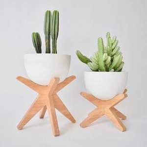Pot de fleurs en céramique d'intérieur avec support en bois, jardinière moderne minimaliste, porte-plantes décoratif pour le bureau, la maison, la décoration de bureau - Product Image 3