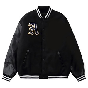 Black Varsity <b>Jacket</b> Unisex Polyester/Cotton <b>Mandarin</b> <b>Collar</b> Single Button Front Preppy Style Autumn Windproof Breathable - Product Image 1