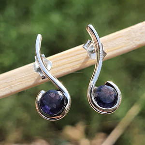 Boucles d'oreilles clous en argent sterling 925 plaqué or, élégantes, pour fiançailles et mariage, avec pierre de naissance naturelle de septembre, iolite ondulée - Product Image 6