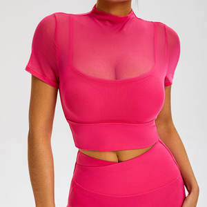 Top corto de verano personalizado al por mayor para mujer, cuello redondo, ajuste ceñido, parte inferior redonda, con mangas de malla a media manga - Product Image 4