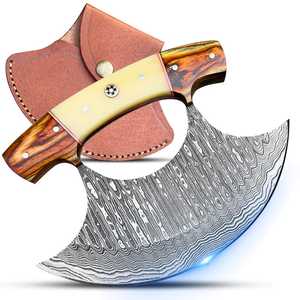Custom Handmade Damascus Steel Pizza Cutter Ulu Knife Premium Wooden & Bone Handle Kitchen Axe with Genuine Leather Sheath - Product Image 1