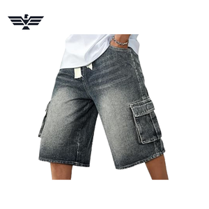 Men's Light Wash Distressed Denim <b>Cargo</b> Shorts Mid Waist <b>Wide</b> <b>Leg</b> Casual Summer Breathable 100% Cotton Pockets Woven Fabric 300g - Product Image 3