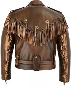 Men's Brown Leather Biker <b>Jacket</b> <b>Fringe</b> Tassel Decor Zipper Closure Turn-down Collar Regular Fit Quick Dry Breathable Winter - Product Image 2