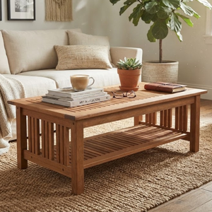 Table basse moderne en teck massif à lattes avec étagère inférieure, mobilier de jardin et de terrasse extérieur - Product Image 2