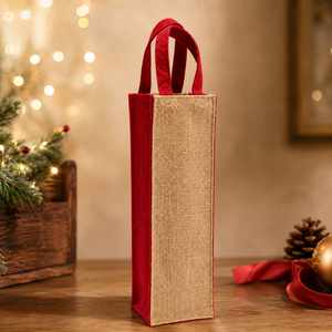 Jute Wine <b>Bottle</b> Gift <b>Bag</b> Natural Red Two Tone Carrier with Handles Custom Logo Christmas Packaging Wholesale OEM Private Label - Product Image 6
