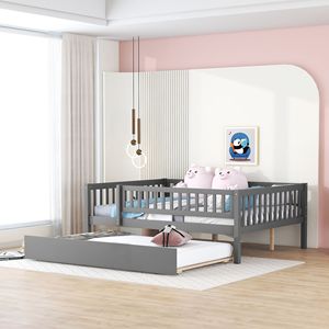 Letto a giorno in legno grigio a grandezza naturale per bambini con letto estraibile e sponde di sicurezza - Product Image 1
