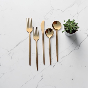 Minimalist Gold Plated Cutlery Set <b>Mirror</b> Finish Long Handle Metal Spoon Fork Knife Dinnerware - Product Image 1