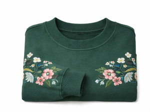 Sweat-shirt vert à col rond pour femme avec broderie florale, manches lanternes, 100% coton tricoté, vêtements d'automne - Product Image 5