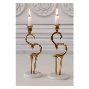 Porte-bougie en aluminium design vintage, paire de cerfs, avec base en marbre, figurine sculptée, décoration de table artisanale, Noël, or et blanc - Product Image 1