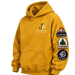 Sweat à capuche oversize jaune moutarde avec patchs, unisexe, en polaire, streetwear, manches longues, décontracté, hiver, avec poche kangourou - Product Image 1