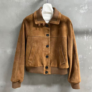 Women <b>Suede</b> Bomber <b>Jacket</b> Button Front Boxy Fit Ribbed Collar Casual Lightweight Outerwear - Product Image 1