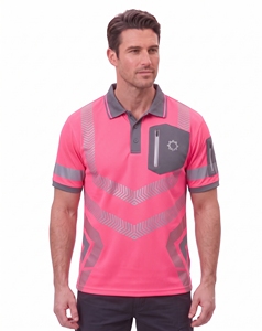 custom mens high visibility polo shirts geometric broken reflective tape <b>neon</b> yellow safety workwear sleeve zipper pocket <b>tops</b> - Product Image 5