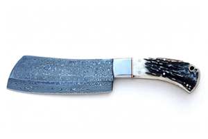 Couteau de cuisine artisanal en acier Damas goutte de pluie avec manche en bois de cerf, hachoir à légumes - Product Image 2