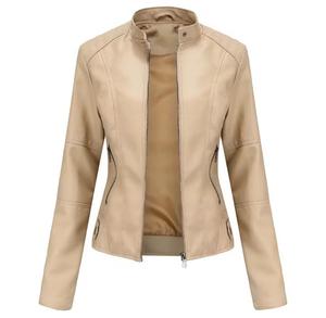 Chaqueta de moto de cuero PU para mujer, cuello alto, cierre de cremallera, color sólido, corte ajustado, longitud regular, para otoño - Product Image 4