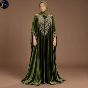 Tela de Terciopelo Verde Oliva con Bordado Floral Multicolor |   Tela Decorativa Adornada para la Confección de Elegantes Abayas y Vestidos - Product Image 1