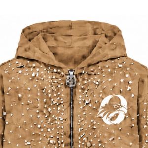 Sweat-shirt à capuche personnalisé marron camel avec fermeture éclair, orné de perles, style streetwear décontracté, manches longues - Product Image 3