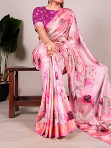 Dernier modèle de sari en soie Tussar imprimée avec bordure en viscose - Product Image 3