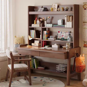 White Ergonomic Wooden Multi-functional <b>Study</b> <b>Desk</b> and Bookshelf Set with Storage Shelves for Children's Home Office - Product Image 3
