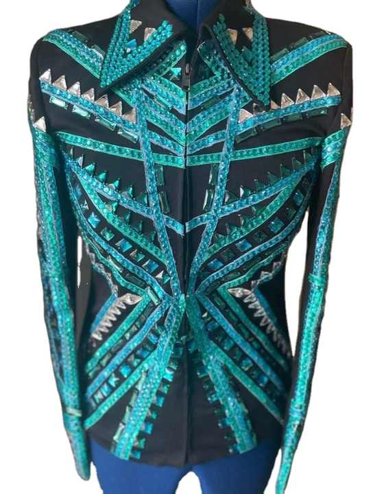 Western Custom Rodeo Queen showmanship Jacket Black Base with teal  Blue