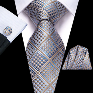 Conjunto de Corbata de Seda con Diseño Geométrico Clásico, Estampado Jacquard en Azul, Marrón y Dorado, para Traje Formal de Negocios, Incluye Corbata, Gemelos y Pañuelo de Bolsillo - Product Image 2