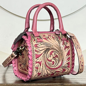 Cute Pink Hand Tooled Floral Pattern <b>Small</b> <b>Leather</b> Duffel <b>Bags</b> Western Style Gym Sports Daily Use Weekender Shoulder Handbags - Product Image 4