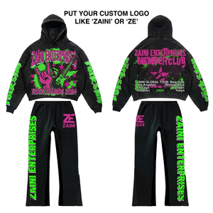 Ensemble de survêtement pour femme en molleton de coton premium 320 GSM, noir, vert, rose, coupe oversize, avec impression en relief personnalisée, sérigraphie et broderie de logo - Product Image 1