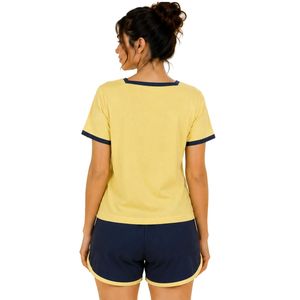 Yellow And Navy Women Two Piece Shorts Set Square Neck Button <b>Top</b> Floral Butterfly Print Contrast Trim Casual Summer Cotton Loun - Product Image 2