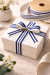 ริบบิ้นตกแต่งโพลีเอสเตอร์ 100% ลายทางสีขาวน้ำเงิน กว้าง 20 มม. ยี่ห้อเนลกามัล อินดัสทรีส์ ทนต่อการหดตัว เหมาะสำหรับตกแต่งเสื้อผ้าและบรรจุภัณฑ์ - Product Image 4