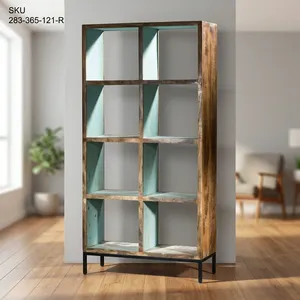 Étagère rustique en bois et fer à 8 cubes avec étagères ouvertes et finition vieillie pour le rangement dans le salon - Product Image 6