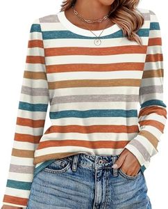 Camiseta de Punto a Rayas de Manga Larga para Mujer, Cuello Redondo, Corte Holgado Informal, 100% Algodón, para Primavera/Verano, Camisetas de Manga Larga OEM - Product Image 1