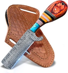 Cuchillo de caza y camping de hoja fija de acero de Damasco hecho a mano, estilo vaquero personalizado, con funda de cuero. - Product Image 1