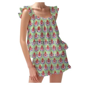 Fabric Women's Cotton Block Print Shorts Pajamas Loungewear Spring/Summer Floral Fitted Strappy Ruffle <b>Trim</b> Sleeves PJ Set - Product Image 1