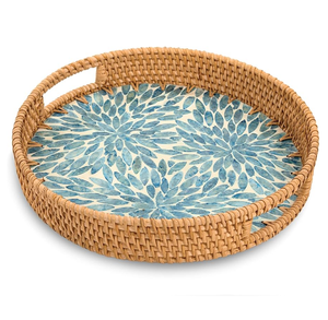 Plateau en nacre et rotin de qualité supérieure, sur mesure, design rond dernier cri, pour servir le café, le thé et le rangement. - Product Image 2