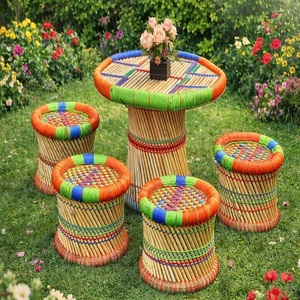 Handmade Eco-Friendly Bamboo Wood Top Frame Farmhouse Modern Outdoor Restaurant <b>Table</b> Set 4 <b>Stools</b> Durable Commercial Furniture - Product Image 1
