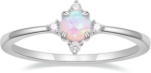 แหวนพลอยโอปอลทรงกลมสำหรับผู้หญิง แหวนโอปอลประดับเพชร CZ ด้านข้าง ทำด้วยมือ เหมาะสำหรับเป็นของขวัญ - Product Image 1