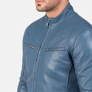 Blouson moto homme en cuir véritable bleu, imperméable, col montant, fermeture éclair, coupe ajustée, longueur standard, couleur unie, style motard - Product Image 5