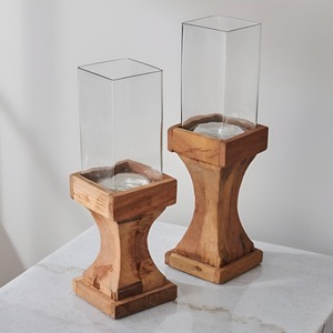 Square Glass <b>Hurricane</b> <b>Candle</b> Holder With Solid Wooden Pedestal Base Rustic Contemporary Decor - Product Image 1